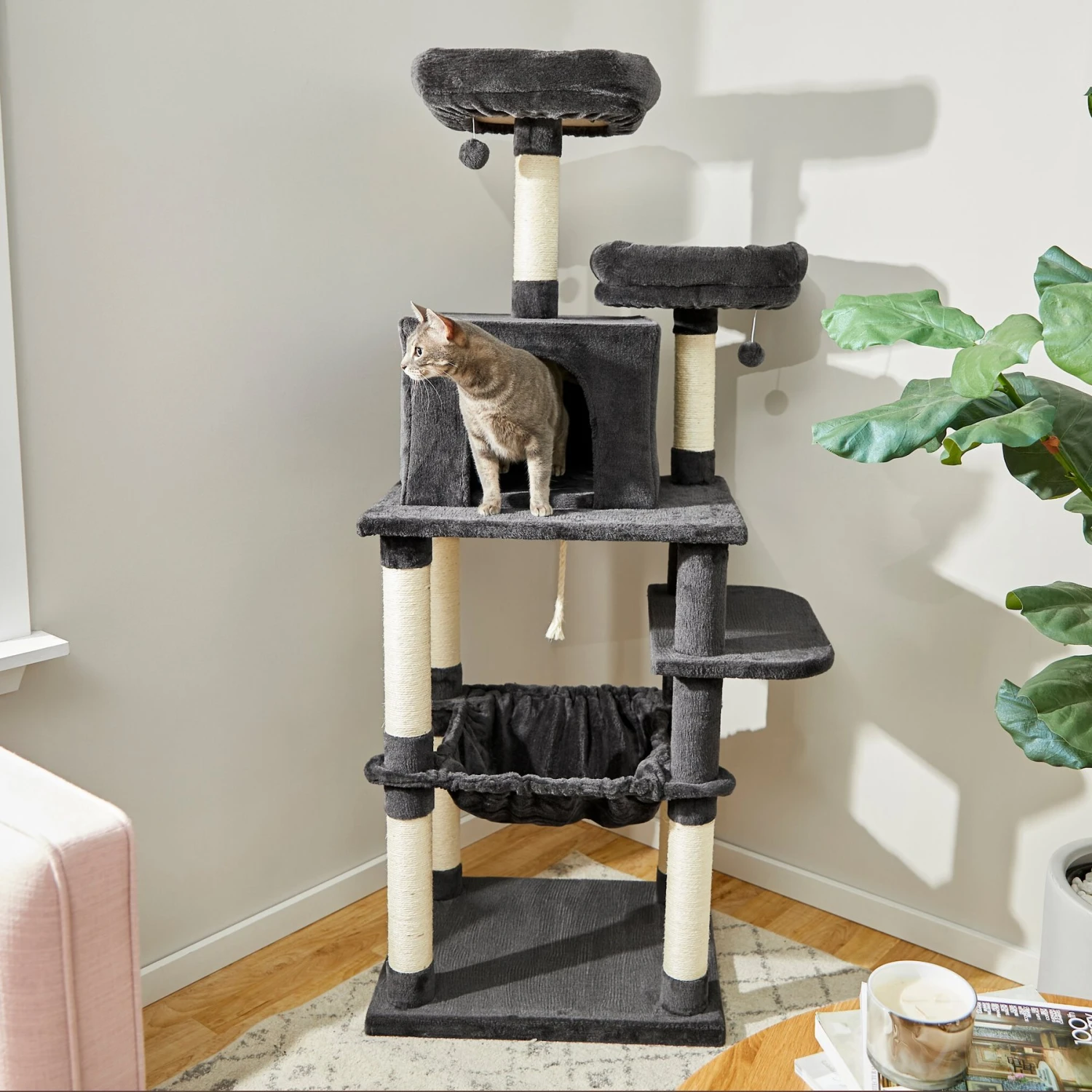 Frisco 64-in Cat Tree With Hammock, Condo, 2 Top Perches With Bed 1 Frisco 64-in Cat Tree With Hammock, Condo, 2 Top Perches With Bed