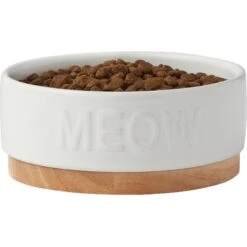 Frisco Round Meow Non-skid Ceramic Cat Bowl With Wood Base -Pet Cat Shop 256078 PT3. AC SS1800 V1615313181