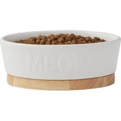 Frisco Oval Meow Non-skid Ceramic Cat Bowl With Wood Base -Pet Cat Shop 256080 PT3. AC SS1800 V1615312053