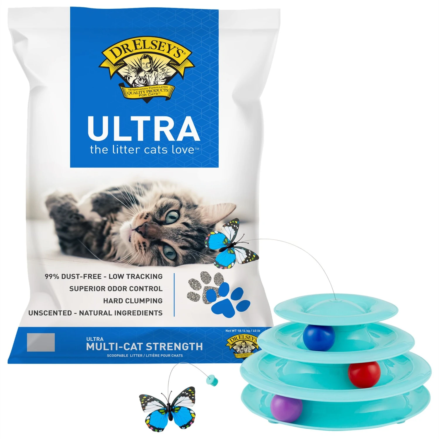 Frisco Butterfly Cat Tracks Cat Toy & Dr. Elsey's Ultra Unscented Clumping Clay Cat Litter 1 Frisco Butterfly Cat Tracks Cat Toy & Dr. Elsey's Ultra Unscented Clumping Clay Cat Litter