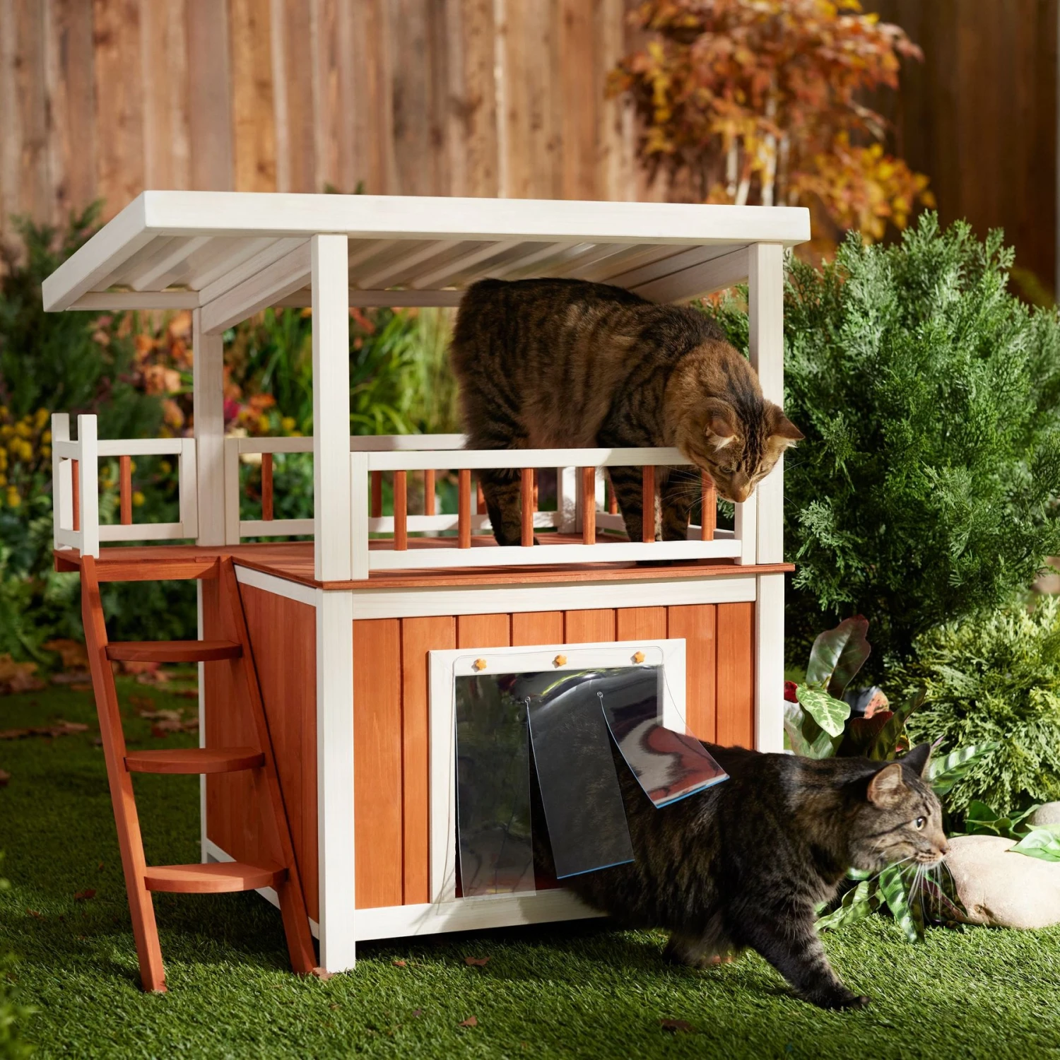 Frisco Outdoor Wooden Cat House With Balcony & Step Ladder 1 Frisco Outdoor Wooden Cat House With Balcony & Step Ladder