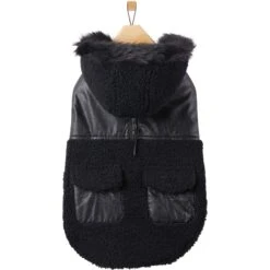 Frisco Medium Weight Faux Leather Dog & Cat Parka With Faux Fur Trimmed Hood, Black -Pet Cat Shop 719798 PT3. AC SS1800 V1692978853